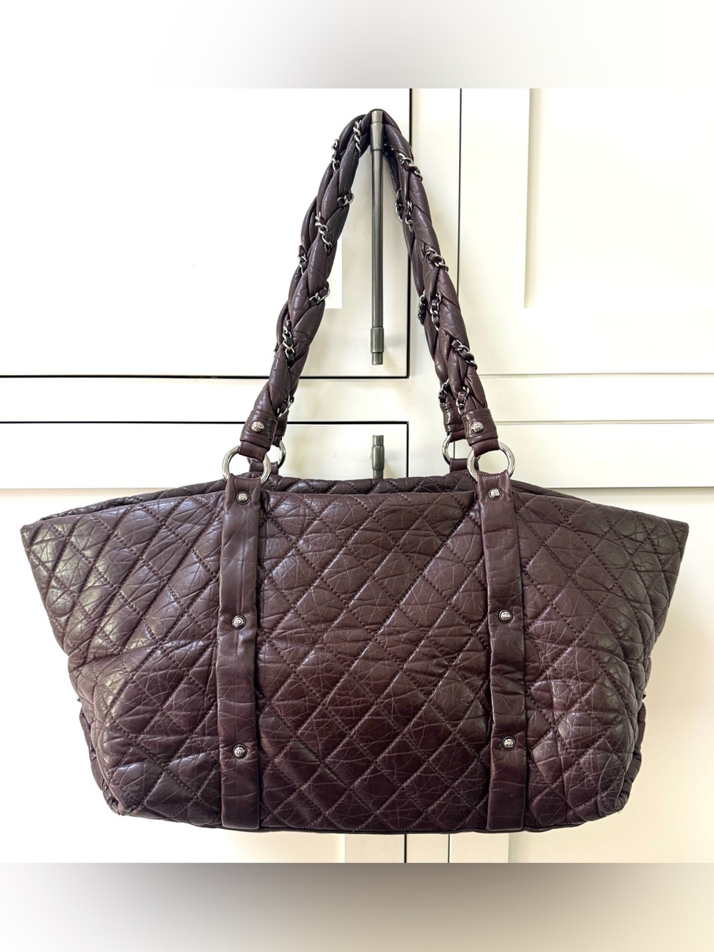 CHANEL Deep Plum Quilted Leather Tote XL Slouchy Shoulder Bag Authentic